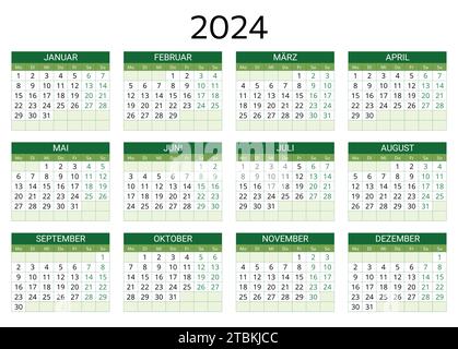 deutscher Kalender 2024. Druckbare, editierbare Vektorillustration für Deutschland. 12 Monate Jahreskalender. Querformat 2 Stock Vektor