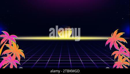 Retro-80er-Jahre-Sci-fi-Hintergrund im futuristischen Stil. Vektor Retro futuristische Synth Wave Illustration im 1980er Jahre Poster Stil. Retro-nostalgische New Wave Vaporwa Stockfoto