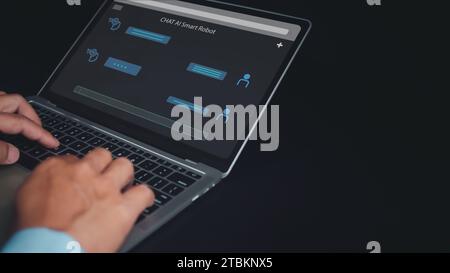 Geschäftsmann verwendet Computer, um Chat-Fragen und -Antworten mit dem künstlichen Intelligenzsystem, Chatbot und KI-Assistenten einzugeben. Stockfoto