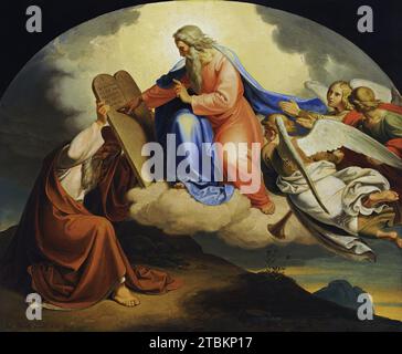 Gott schreibt die zehn Gebote an Moses auf zwei Steintafeln auf dem Berg Sinai, 1835. Stockfoto