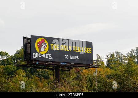 Farragut, TN - 19. Oktober 2023: Buc-EE's Werbespot auf Plakatwänden entlang der I-40 sagt „The Only Ten I See“ ein Wortspiel für ihren neuen Standort in Tennessee Stockfoto