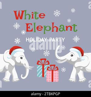 Einladung zur Weißen Elefanten-Weihnachtsfeier. Niedliche Poster-Vorlage für das Geschenkespiel „Weißer Elefant“. Vektorabbildung. Stock Vektor