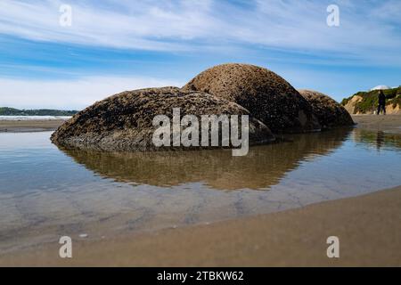 Roadtrip durch die Südinsel Neuseelands. Moeraki Boulders Beach (offiziell Moeraki Boulders / Kaihinaki) sind ungewöhnlich große kugelförmige boulders Stockfoto