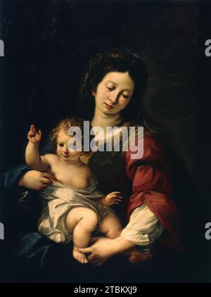 Madonna und Kind, c1620-1662. Die Madonna hält das Christkind, das zwei Finger in einer segensreichen Geste erhebt. Ihre zarte Bindung, die durch die Süße und Anmut der Figuren zum Ausdruck kommt, zeigt Nuvolones Studie über die berühmten Madonnen, die Raphael (1483–1520) gemalt hat. Die leicht verlängerten Proportionen verleihen dem figuralen Stil Eleganz. Durch die Verwendung von Sfumato (der fast unmerklichen Verschmelzung von Licht und Schatten) treten die Figuren sanft und leuchtend aus dem dunklen Hintergrund hervor. Obwohl der Künstler im 17. Jahrhundert aktiv war, hätte ihn die Leichtigkeit seiner Art zu einem herausragenden Ansehen gemacht Stockfoto