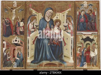 Jungfrau und Kind, mit der Kreuzigung und der Verkündigung, und der Krönung der Jungfrau und der Darstellung im Tempel, c1340-1348. Die zentrale Szene dieses Altaraufsatzes zeigt die thronende Madonna und das Kind, flankiert von Engeln. Das Christkind hält einen winzigen europäischen Goldfinken, ein Symbol seiner Auferstehung. Der Vogel ist gefesselt, was daran erinnert, dass im 14. Jahrhundert solche Tiere von Kindern als Haustiere gehalten wurden. Engel präsentieren Maria mit Kelchen aus weißen Blumen, die auf ihre Reinheit andeuten. Auf der linken Seite erscheinen die Verkündigung und die Kreuzigung, während Christi Darstellung im Tempel und Stockfoto