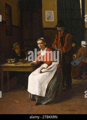 Innenraum einer Taverne, 1867. Im Louvre bewunderte Bonvin die Genrebilder der niederländischen und französischen Meister des 17. Jahrhunderts und ließ sich auch von den Werken des kürzlich wiederentdeckten Jean-SIM&#xe9;über Chardin, dem französischen Stilleben- und Genremaler des 18. Jahrhunderts, inspirieren. Das Werk erinnert an die Kartenspieler, ein Gemälde des niederländischen Künstlers Pieter de Hooch. Das Plakat an der Wand im Hintergrund trägt den Titel GOODWIN, der sowohl eine Anspielung auf das gasthaus seiner Familie, Le Bon Vin, in Vaugirard am Stadtrand von Paris ist, als auch ein Theaterstück über den Nachnamen des Künstlers Bonvin oder „guter Wein“. Stockfoto