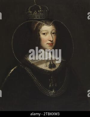 Porträt von Christine von Frankreich, Herzogin und Regentin von Savoyen, 1640er Jahre Christine Marie von Frankreich (1606–1663) war die Tochter von Heinrich IV. König von Frankreich und Schwester von Ludwig XIII. Sowie Henrietta Maria, die Königin von England wurde. Christine heiratete 1619 Viktor Amadeus I., Herzog von Savoyen (gestorben 1637). Savoyen war damals ein eigenständiges Land mit seiner Hauptstadt Turin (Turin, heute Teil von Italien). Die verwitwete Herzogin trägt in Trauerkleidung die Seile aus Perlen zusammen mit einem Kruzifix aus Diamanten oder Steinkristall mit Perlen, die die Pracht demonstrieren, die man von einem formellen Hafen erwartet Stockfoto