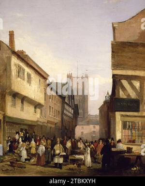 Marktszene, 1832. Blick auf ein Marktviertel von Manchester, bekannt als „Smithy Door“. Unzählige Einkäufer und Händler machen sich über Imbissstände. Die umliegenden Gebäude sind überwiegend aus Halbholz gebaut. In einem Geschäft auf der rechten Seite befindet sich ein Schild: PETER ECKERSLEY/Late/DAWSON/Importeure von Bettwäsche... Stockfoto