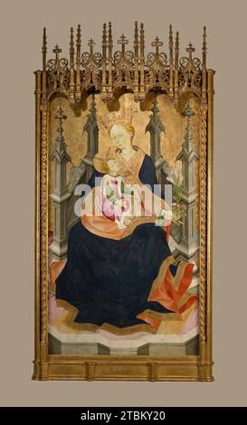 Madonna und Kind auf dem Thron, 1410-1420. Mary ist hier, sowohl Jungfrau als auch Mutter. Sie ist Königin des Himmels und hält ihren Sohn, aber ihr langes, ungebundenes Haar ist frei, passend für ein junges Mädchen. Die Lilien symbolisieren weiterhin ihre jungfräuliche Reinheit, während die Rosen ihr mütterliches Mitgefühl symbolisieren. Die Doppelnatur Christi wird ebenfalls offenbart. Sein Gewand ist mit Hermelin getrimmt (nur von Königen getragen), aber er spielt mit der Spule seiner Mutter. Nach populären frommen Meditationen, als die Heilige Familie Ägypten erreichte, Nähte und verdrehte Maria Tuch, um sie vor dem Hungern zu bewahren; wie ein guter Junge half Jesus ihr. Stockfoto