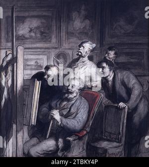 Die Amateure, 1865-1868. In den 1860er Jahren schuf der große Karikaturist Daumier eine Reihe von Zeichnungen, die die Reaktionen der Zuschauer auf Kunstwerke erforschten. In diesem Beispiel, einem von mehreren in einem Atelier, wartet der hochmütige, distanzierte Künstler auf die vermutlich enthusiastischen Reaktionen seiner Besucher. Stockfoto