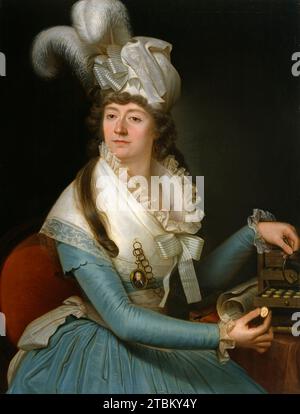 Porträt einer Dame, c1780-1789. Diese unidentifizierte, modisch gekleidete Frau möchte vor allem als Studentin der alten Kultur dargestellt werden. Auf dem Tisch neben einem Notenblatt befindet sich ein Kabinett mit Abgüssen von antiken, geschnitzten Edelsteinen, die oft zusammen mit oder anstelle von den eigentlichen Edelsteinen gesammelt wurden; für den ernsthaften Schüler, selbst einen, wie zum Beispiel den mit einer Lupe bewaffneten Sitter, bringen Abgüsse Details hervor, die in der Originalschnitzerei schwer zu erkennen sind. Außerdem könnten sie als Satz für diejenigen mit wissenschaftlichen Interessen, aber ohne die Mittel, um die Originale zu erwerben, dupliziert werden. Darüber hinaus wird t Stockfoto