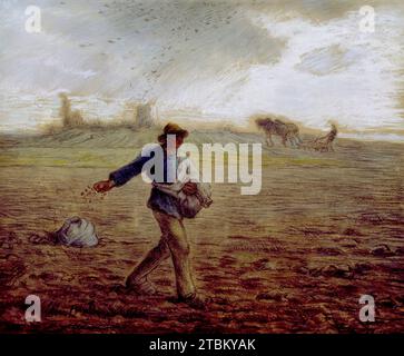 Der Sämann, C1865. Die Hirse erlangte erstmals durch sein ikonisches Bild eines Säers, das 1850/51 auf dem Pariser Salon gezeigt wurde. In dieser pastellfarbenen Version integriert er den Säer in die Landschaft rund um Barbizon mit einer Egge, einer Krähenherde und dem Turm von Chailly, der in der Ferne sichtbar ist. Hirse baute seine Komposition mit einem Netzwerk aus schwarzen Kreidelinien auf, bevor er seine Pastellfarben hinzufügte. Stockfoto