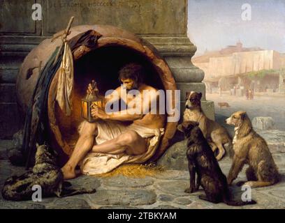 Diogenes, 1860. Der griechische Philosoph Diogenes (404-323 v. Chr.) sitzt in seinem Wohnhaus, der Tontaubenwanne, im Metroon in Athen und zündet die Lampe an, mit der er einen ehrlichen Mann suchen sollte. Seine Gefährten waren Hunde, die auch als Wahrzeichen seiner „zynischen“ (griechisch „kynikos“) Philosophie dienten, die eine strenge Existenz betonte. Drei Jahre nach der ersten Ausstellung dieses Gemäldes wurde Gerome zum Professor für Malerei an der Ecole des Beaux-Arts ernannt, wo er viele französische und ausländische Studenten unterrichtete. Stockfoto