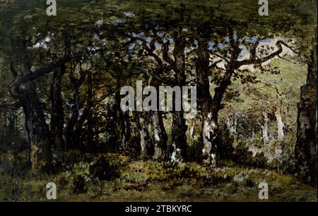 Edge of the Forest, um 1860-1870. Eine Gruppe von überwölbten Bäumen im Wald mit einer Lichtöffnung nach rechts. Diaz repräsentierte häufig bestimmte Orte, wie den alten Wald von Bas bréau oder das Vallée de la Solle, aber dieser Ort kann noch nicht mit Sicherheit identifiziert werden und ist möglicherweise eine der generischeren Ansichten von Diaz. Stockfoto