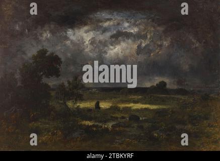 Der Sturm, 1872. Eine Einzelfigur hält sich gegen den Wind, während er in Begleitung seines Hundes durch eine Ebene im Wald von Fontainebleau streift. Diaz besuchte die Dörfer Barbizon und Chailly und war einer der ersten Maler, die den nahegelegenen Wald erforschten. Obwohl er figurative Gemälde in den Pariser Salons ausstellte, waren Diaz’ Hauptbeiträge auf dem Gebiet der Landschaftsmalerei. Stockfoto
