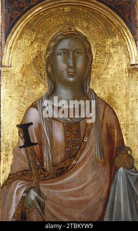 Saint Lucy, c1340. Nach ihrer Bekehrung zum Christentum wurde Lucy (304) einer Reihe von Folterungen unterzogen, die sie auf wundersame Weise überlebte. Hier hält die heilige den Dolch, mit dem sie schließlich hingerichtet wurde, und die Lampe, ihr Attribut. Dieses Gemälde befand sich ursprünglich auf der linken Seite eines Altaraufsatzes, der aus einem zentralen Bild der Jungfrau und des Kindes bestand, flankiert von Heiligen. Stockfoto