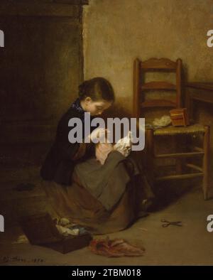 Die Kleine Schneiderin, 1858. Ein junges Mädchen sitzt auf einer Stufe vor einer Tür und macht ein Kleid für eine Puppe, die auf ihrem Schoß liegt. Links von ihr befindet sich ein Stuhl, auf dem sie eine Miniatur-Kommode und einige Kleidung platziert hat, und auf dem Boden befindet sich eine offene Nähbox und eine Schere. Stockfoto