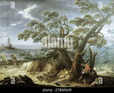 Landschaft mit Figuren im Sturm, 1720-1780. Manche Menschen versuchen, dem stürmischen Wetter zu entkommen, während andere Hüte jagen, die weggeblasen sind. Anstatt in der italienischen Tradition der pastoralen Visionen einer idealisierten Vergangenheit verwurzelt zu sein, greift dieses Gemälde eines unbekannten Künstlers auf die naturalistischere Tradition der niederländischen Landschaftsmalerei des 17. Jahrhunderts zurück. Es wurde in der Vergangenheit dem venezianischen Maler Antonio Diziani (1737–1797) zugeschrieben. Stockfoto