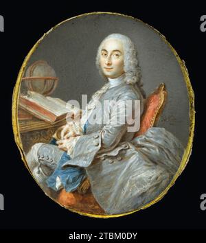 Miniaturporträt von C&#xe9;sar Fran&#xe7;ois Cassini de Thury, c1750. Nattier galt als einer der führenden Porträtmaler am Hof Ludwigs XV. (Regierungszeit 1715–1774). Gelegentlich wandte er sich der Miniaturmalerei zu, wie das Gleichnis von Cassini de Thury (1714–1784), einem angesehenen Astronomen und Direktor des Pariser Observatoriums, zeigt, wie er an seinem Schreibtisch sitzt und eine Prise Schnaps aus einer Goldbox nimmt. Stockfoto