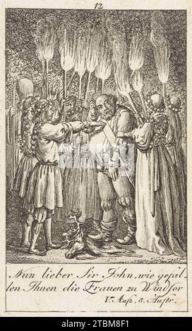 Drie voorstellingen uit William Shakespeares Merry Wives of Windsor, Daniel Nikolaus Chodowiecki, 1786.The Merry Wives of Windsor - John Falstaff. Nun, lieber Sir John, wie soll man den Frauen in Windsor gefallen? Stockfoto