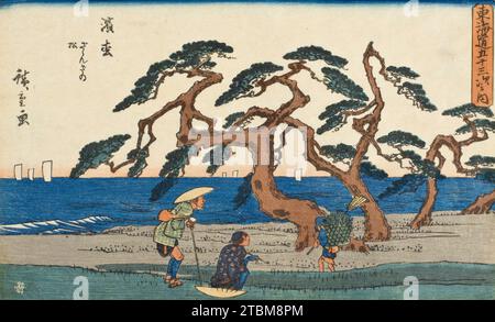 „Die Murmuring Pines at Hamamatsu“ aus der Serie 53 Stationen des Tokaido (Gyosho Tokaido) oder KLEINSERIE DER 53 STATIONEN DES TOKAIDO, zwischen 1841 und 1842. Serie: Nummer 30. Stockfoto