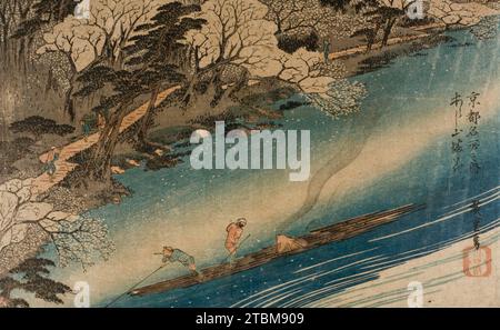 Kirschblütenbeobachtung in Arashiyama, Anfang der 1830er Jahre Serie: Berühmte Ansichten von Kyoto. Stockfoto