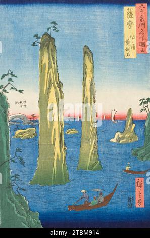 Provinz Satsuma, Bo Bay, die zwei-Schwertfelsen, 1856. Serie: Berühmte Ausblicke auf die Sechzig-Odd Provinzen. Stockfoto