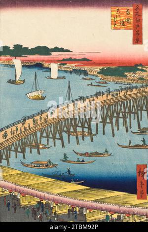 Ryogoku-Brücke und der große Fluss, 1856. Serie: Nummer 59. Stockfoto