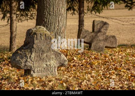 Der alte alte Friedhof. Verlassene Grabsteine. Grabstätte. Podzamcok. Slowakei Stockfoto