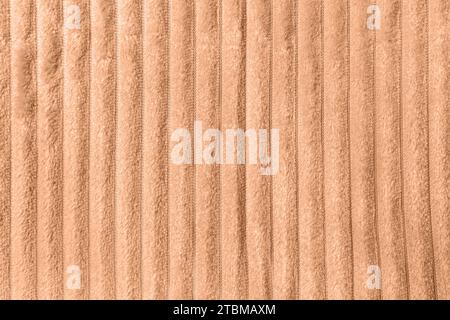 Farbe des Jahres 2024 Peach Fuzz. Trendiges Farbkonzept. Weiches Fleece-Überwurfmaterial mit Linien Stockfoto