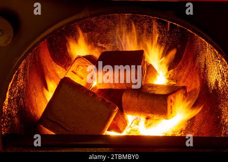 Holzbriketts (ruf-Typ) aus Buche und Eiche, die im Brennstoffkessel verbrennen. Alternativer Kraftstoff, Öko-Kraftstoff, Biokraftstoff Stockfoto