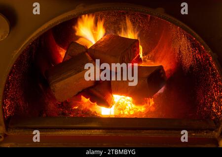 Holzbriketts (ruf-Typ) aus Buche und Eiche, die im Brennstoffkessel verbrennen. Alternativer Kraftstoff, Öko-Kraftstoff, Biokraftstoff Stockfoto