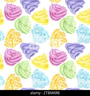 Mehrfarbige Buttercreme mit nahtlosem Muster, süße Schlagsahne, Eis, Marshmallows. Essen Clipart Cupcakes Muffins. Handgezeichnetes Aquarell Stockfoto