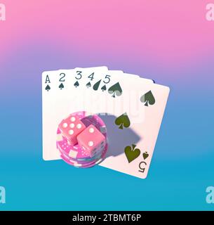 Top View of a Winning Pides Straight Flush Poker Hand om a Blue and Pink Gradient Hintergrund Stockfoto