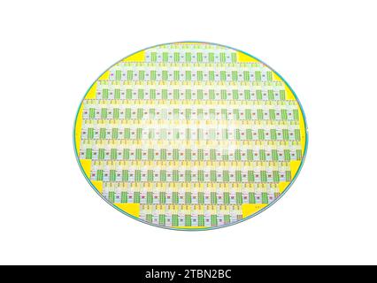 Halbleiter-Wafer-Scheibe aus weiß isoliertem Silizium Stockfoto