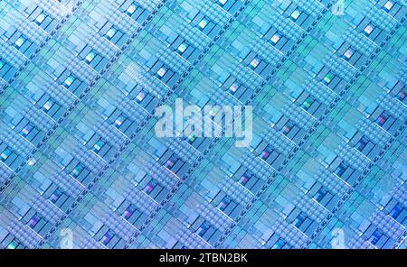 Blauer Siliziumwafer mit Mikrochips, die in der Elektronik zur Herstellung integrierter Schaltungen verwendet werden. Stockfoto