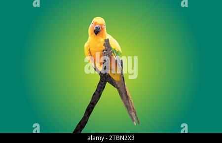 Grafiken Polygonbild Papagei sitzt auf einem Zweig isoliert auf grünem Hintergrund Vektorillustration Stock Vektor