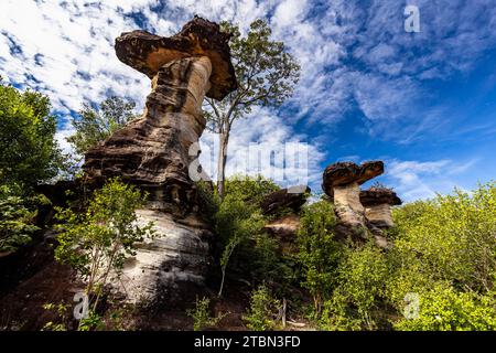 PHA Taem Nationalpark, erodierte Pilzfelsen „Sao Chaliang“, Felsmalerei, Ubon Ratchathani, Isan, Thailand, Südostasien, Asien Stockfoto