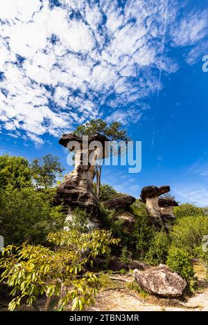 PHA Taem Nationalpark, erodierte Pilzfelsen „Sao Chaliang“, Felsmalerei, Ubon Ratchathani, Isan, Thailand, Südostasien, Asien Stockfoto