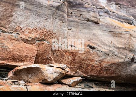 PHA Taem Nationalpark, prähistorische Felsmalereien an der Klippe des Mekong (Flusses), Stätte der Gruppe 2, Ubon Ratchathani, Isan, Thailand, Südostasien, Asien Stockfoto