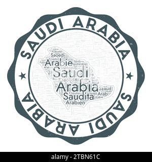 Ansprechendes Länderabzeichen mit Wortwolke in Form von Saudi-Arabien. Rundes Emblem mit Ländername. Überzeugende Vektorillustration. Stock Vektor
