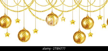 Nahtlose Grenze mit Weihnachtsbaumspielzeug, glänzenden Goldkugeln, Girlanden aus goldenen Glitzerperlen, goldenen Hochglanzsternen, Illustration mit Christma Stockfoto