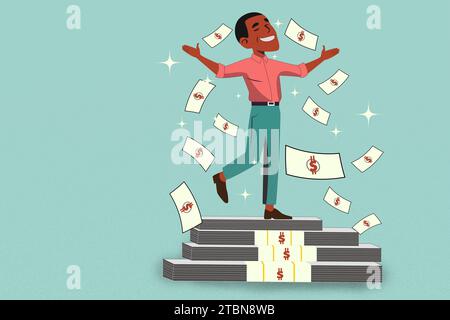 Schwarzer Mann, der auf Geld steht, reich reich, reich, Freiheitskonzept, minimale flache Illustration Stockfoto