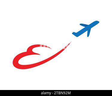 Abflugzeug kombiniert mit Simple Love Silhouette und Swoosh symbolisiert Flitterwochen Reise und Urlaub Stock Vektor