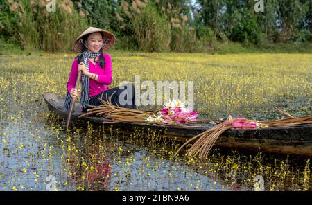 MOC Hoa District, Long an Province, Vietnam - 2. Dezember 2023: Frauen in Westvietnam während der Blütezeit Utricularia foliosa, ist eine große Sosa Stockfoto