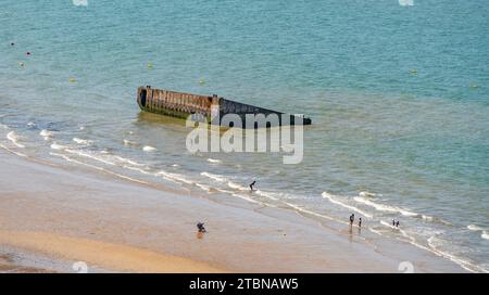 Landschaft am Gold Beach in der Nähe von Arromanches-les-Bains, einer der fünf Gebiete der alliierten Invasion des von Deutschland besetzten Frankreich in der Normandie Stockfoto