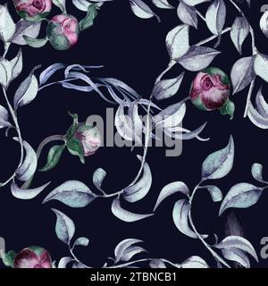 Aquarellmuster von Stielen und Knospen isoliert auf Schwarz. Gotisches nahtloses Blumenmuster handgezeichnet. Gothic Hochzeit Hintergrund Laub im Vintage Stil. Stockfoto