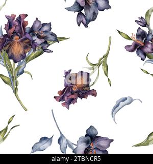 Nahtloses Muster mit Aquarellbeinen aus dunklen Blumen und Blättern isoliert auf weiß. Handgezeichnet mit gotischem Blumenmuster. Dunkle botanische Dekoration mit li Stockfoto