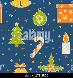 Nahtloses Weihnachtsmuster mit Weihnachtssymbolen. Farbige Tanne, dekorative Kugel, Kerze, Glocken, Mistel, Geschenkbox und Zuckerrohr in dünnem Stall Stock Vektor