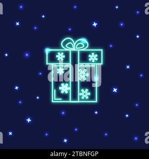 Neon-Geschenkbox-Symbol im Linienstil. Glänzende Geschenkbox mit Schneeflocken auf dunklem Hintergrund. Stock Vektor